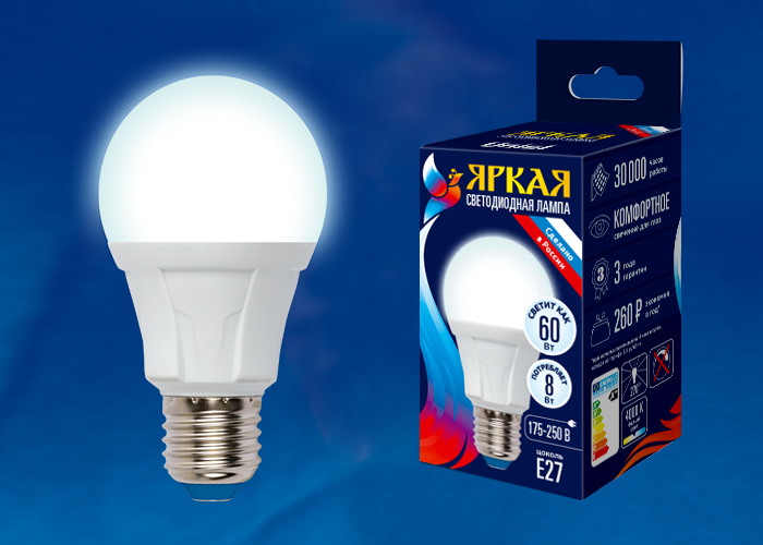 LED-A60 8W/NW/E27/FR PLP01WH Лампа светодиодная. Форма «А», матовая. Серия Яркая. Белый свет (4000K)