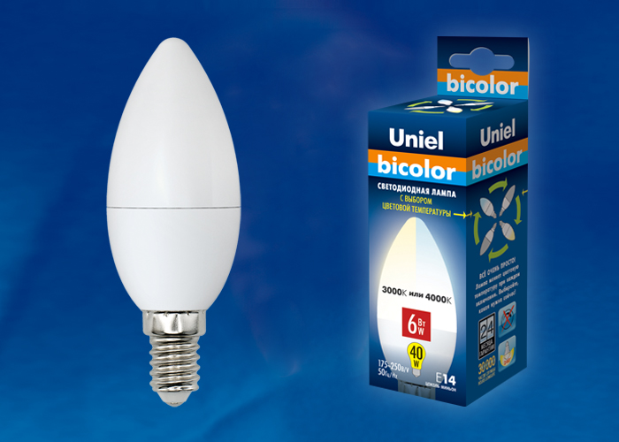 LED-C37-6W/WW+NW/E14/FR PLB01WH Лампа светодиодная. Форма «свеча», матовая. Серия Bicolor. Теплый бе