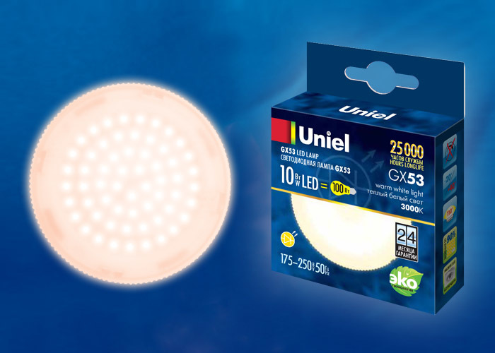 LED-GX53-10W/WW/GX53/FR PLZ01WH Лампа светодиодная, матовая. Теплый белый свет (3000K). Картон. ТМ U LED-GX53-10W/WW/GX53/FR PLZ01WH Лампа светодиодная, матовая. Теплый белый свет (3000K). Картон. ТМ U